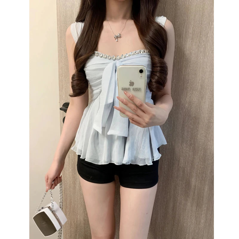 Pure Desire Knot Strap Diamond Vest – Women’s Summer Outdoor Waist Cinching Sleeveless Top Blue