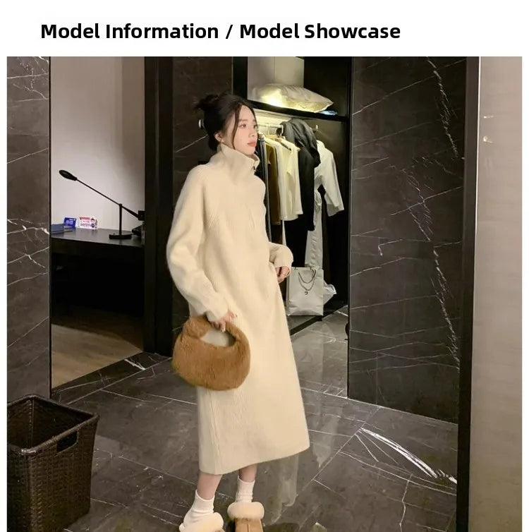 2025 Spring Autumn Knitted Midi Dress for Women | Long Sleeve Loose Fit Base Layer Straight Cut Polyester Dress