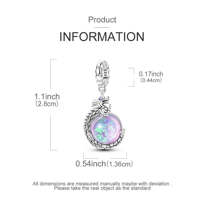 925 Sterling Silver Luminous Fairy Cat Owl Dragon Glass Charm | Original Design Bead for Bracelet DIY Jewelry