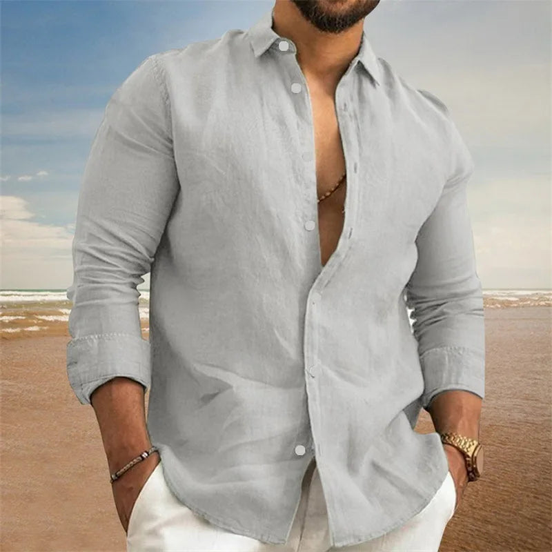 Men’s Linen Casual Shirt | Black & White Button Long Sleeve Beachwear S-3XL