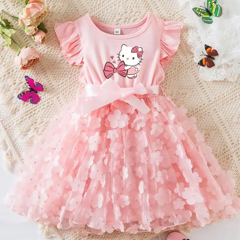 Hello Kitty Girls Tulle Flower Princess Dress | Wedding & Party Tutu Dress | Sleeveless Birthday Gift Outfit