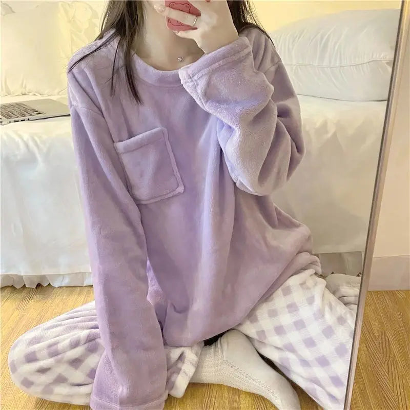 ❄️ Fleece Thick Warm Women’s Pajamas Set 🛌 Soft Winter Sleepwear | Cozy Solid Top & Plaid Pants Pijamas Home Suit ❤️