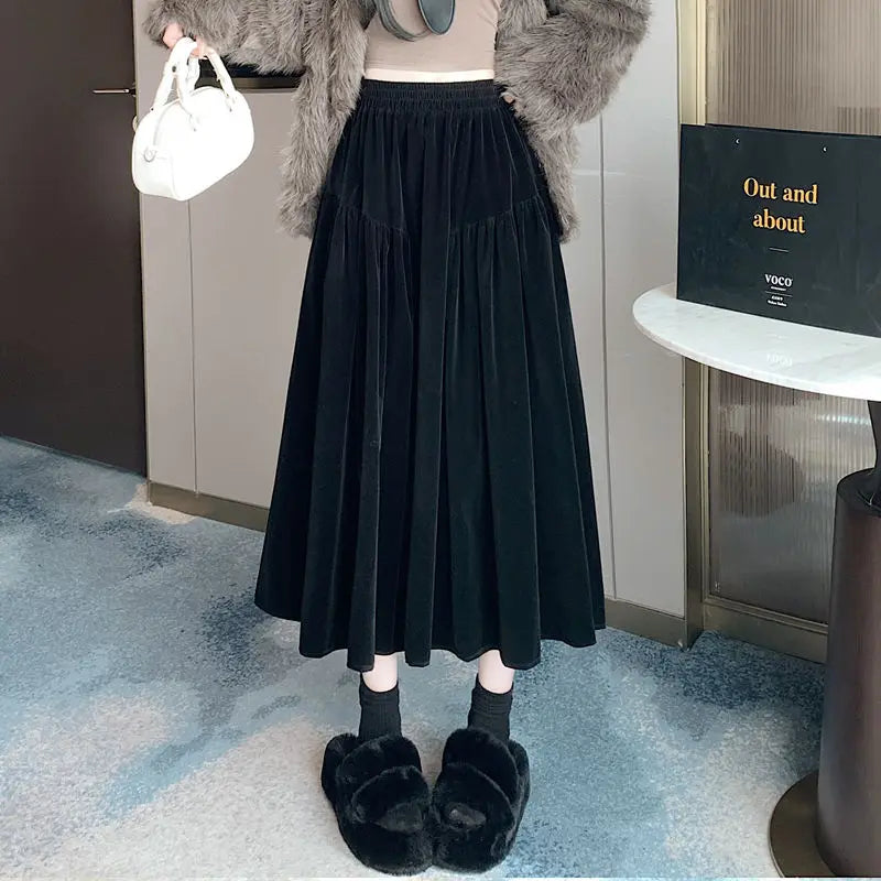 Plus Size Black Velvet Midi Skirt – High Waist A-Line Autumn Winter Mid-Length Skirt for Women