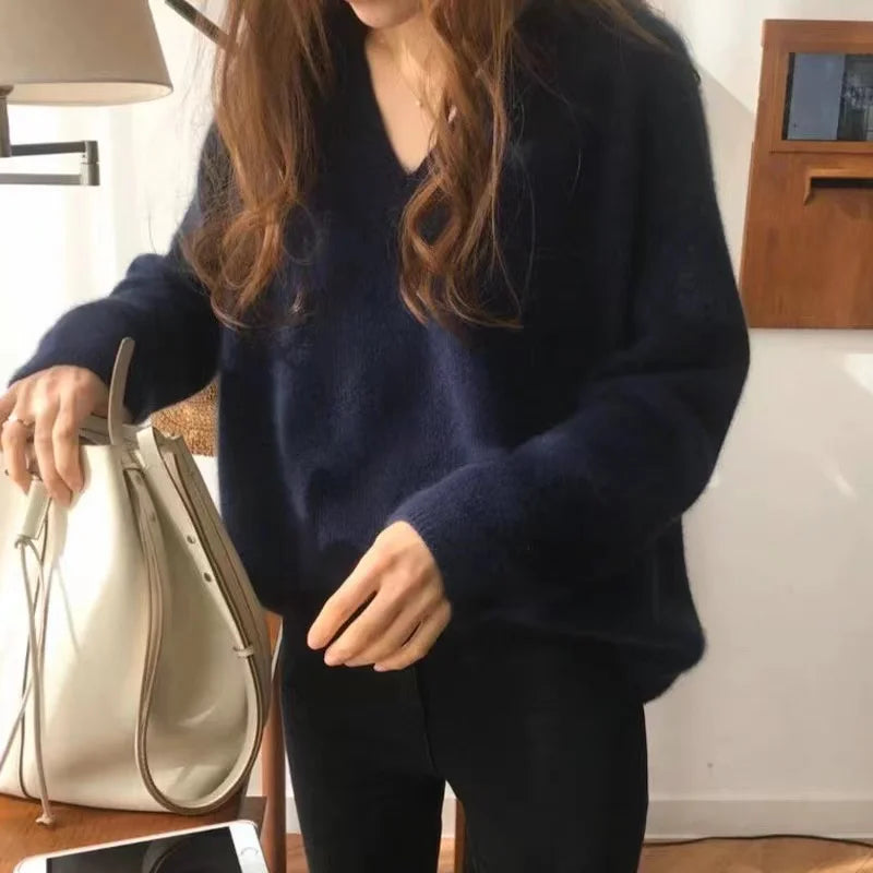 Women’s V-Neck Knitwear – Retro Japanese Style Loose Fit Long Sleeve Crew Neck Top | Spring & Autumn 2025