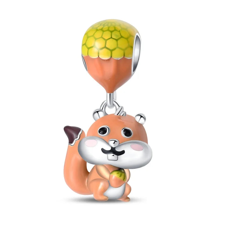 925 Sterling Silver Squirrel & Maple Leaf Charm | Shiny Zircon Autumn Beads Fit Pandora Bracelet DIY Jewelry