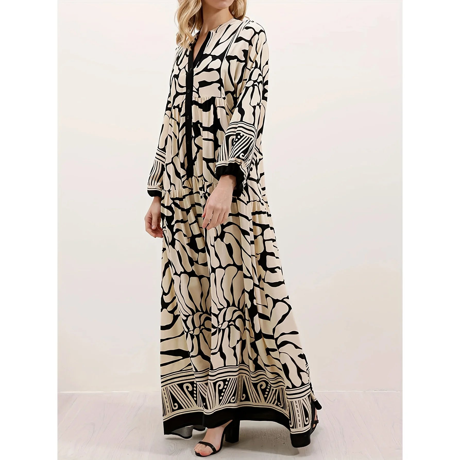 Elegant Long Sleeve V-Neck Loose Maxi Dress for Women | 2025 Autumn Middle East Fashion Casual Long Dress