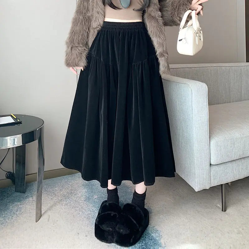 Plus Size Black Velvet Midi Skirt – High Waist A-Line Autumn Winter Mid-Length Skirt for Women
