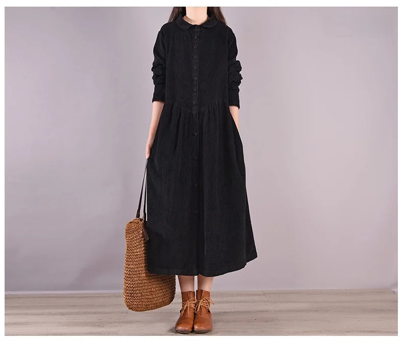 Retro Pure Color Corduroy Dr Loose Casual Long irt Dr Women's A-Line Skirt Long Sve  Collar Single Button Closure