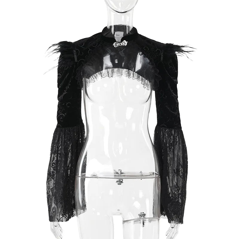 Dark Black Goth Top | Women’s Vintage Flared Sleeve Gothic T-Shirt Y2K Party Wear