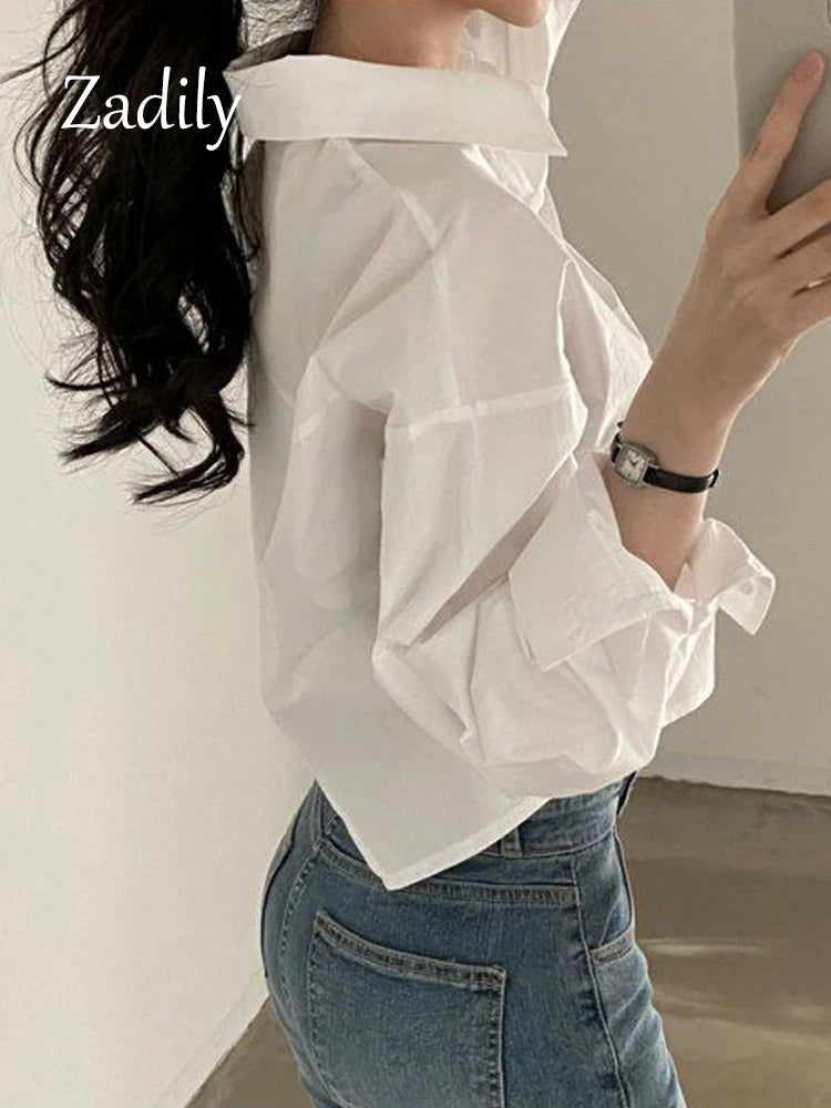 Zadily 2023 Women’s Spring White Crop Shirt – Korea Style Solid Button Split Blouse 👚✨