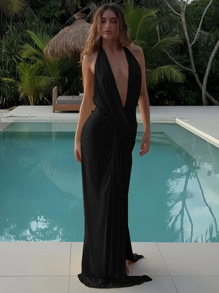 Cutenew Party Women’s Maxi Dress – Solid Halter Cross Backless V-Neck High Split Bodycon Vestido Mujer