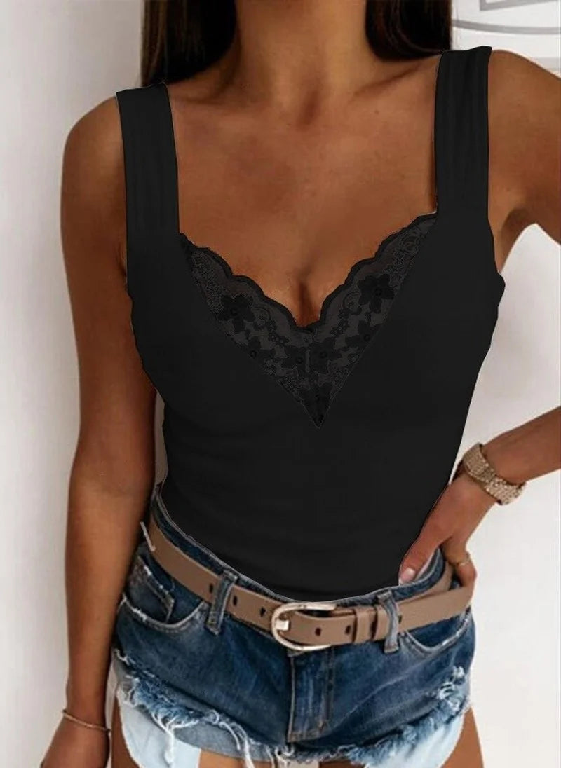 Women’s Summer V-Neck Tank Top | Casual Solid Color Lace Sleeveless Slim Shirt | Sexy Slim Fit Top