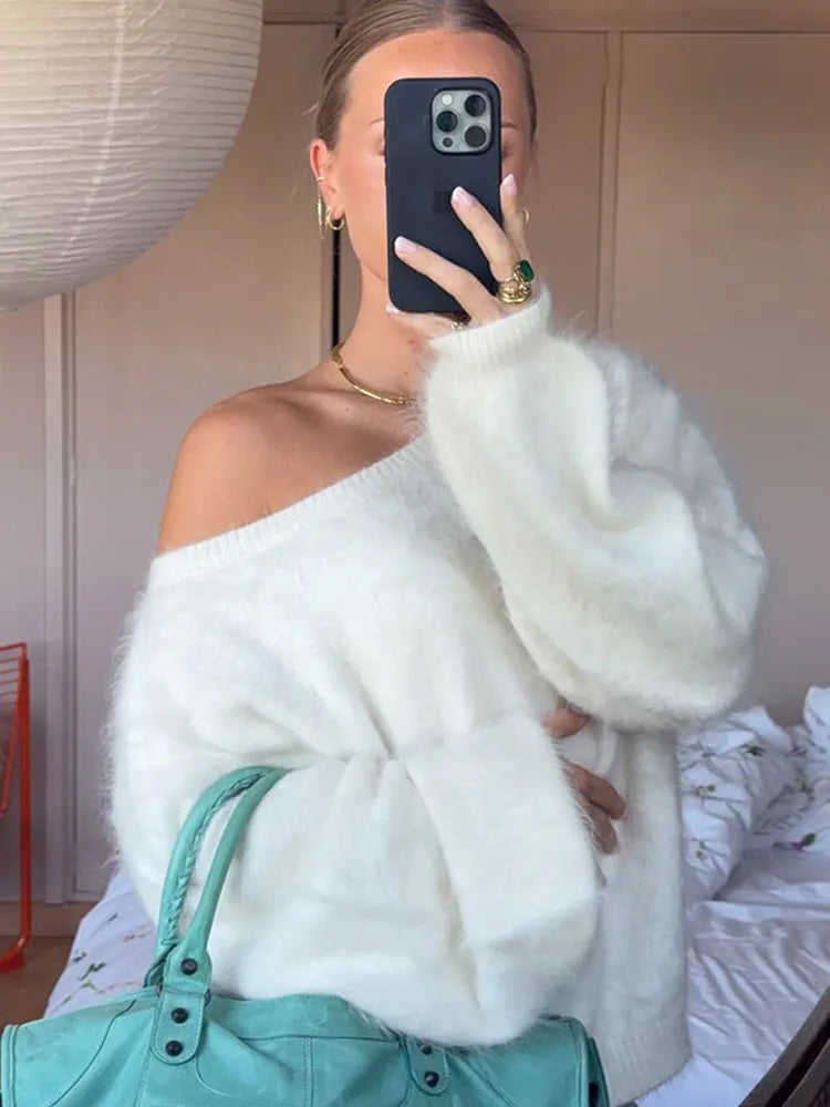 Women’s Off-Shoulder Mohair Sweater | Elegant Loose Knit Pullover for Autumn Fashion 2025