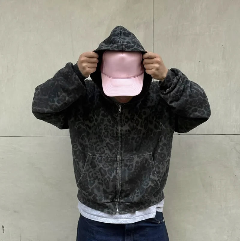 2025 Leopard Print Zipper Hoodie | Harajuku Streetwear Sweatshirt | Warm Autumn Winter Fashion for Women