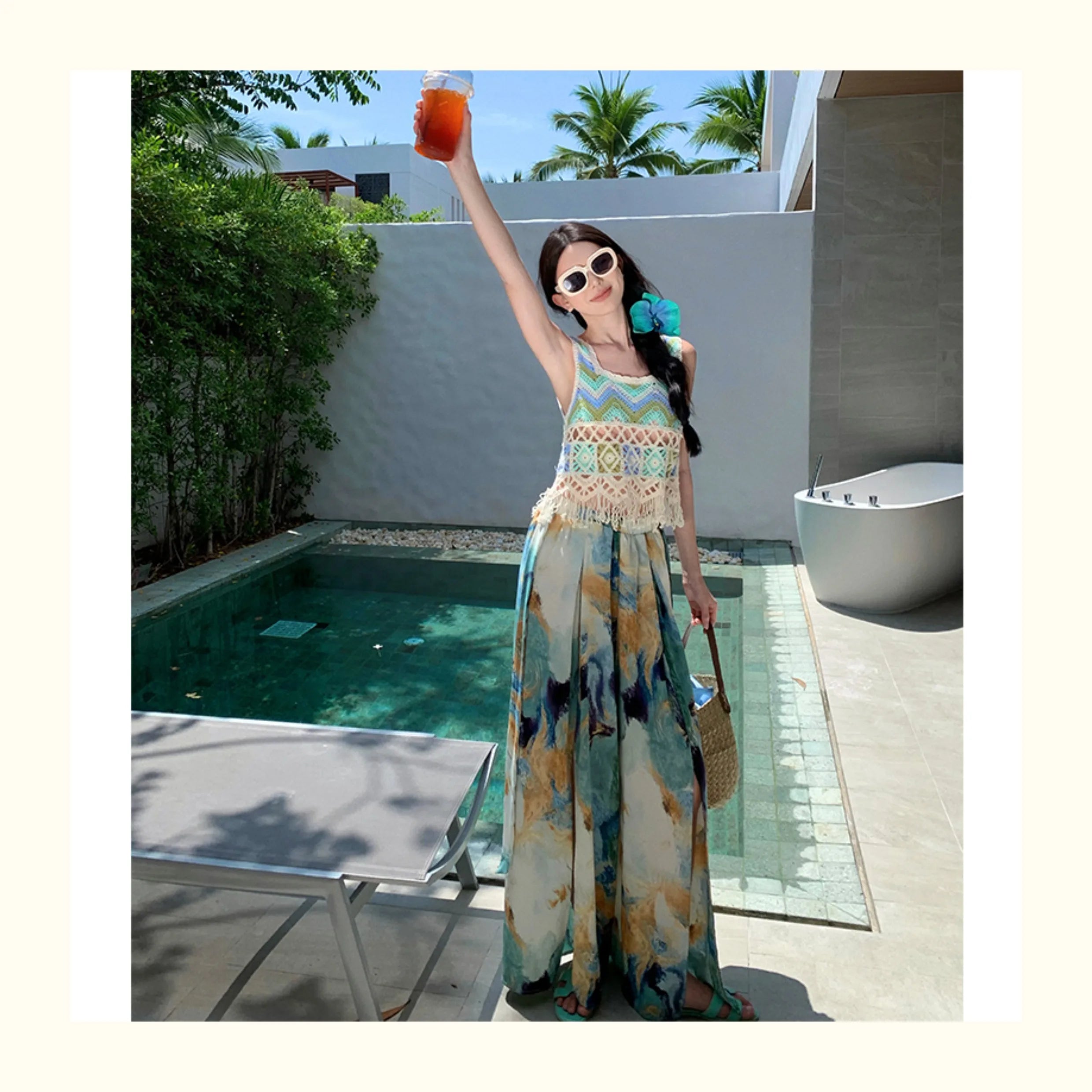 Vacation Style High Waist Wide Leg Pants – Thin Long Ethnic Print Pants for Beach & Holiday Wear
