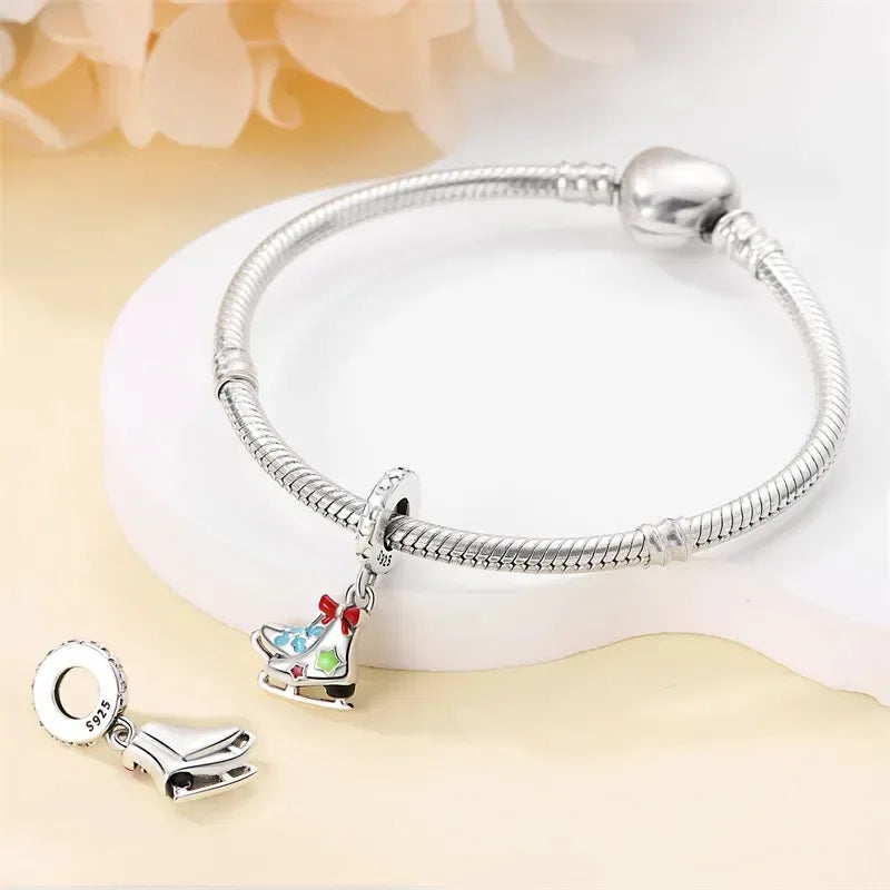 925 Silver Disney Christmas Charm Trio | Mickey Wreath Minnie Ice Skating Bead Pendant Fits Pandora Bracelet