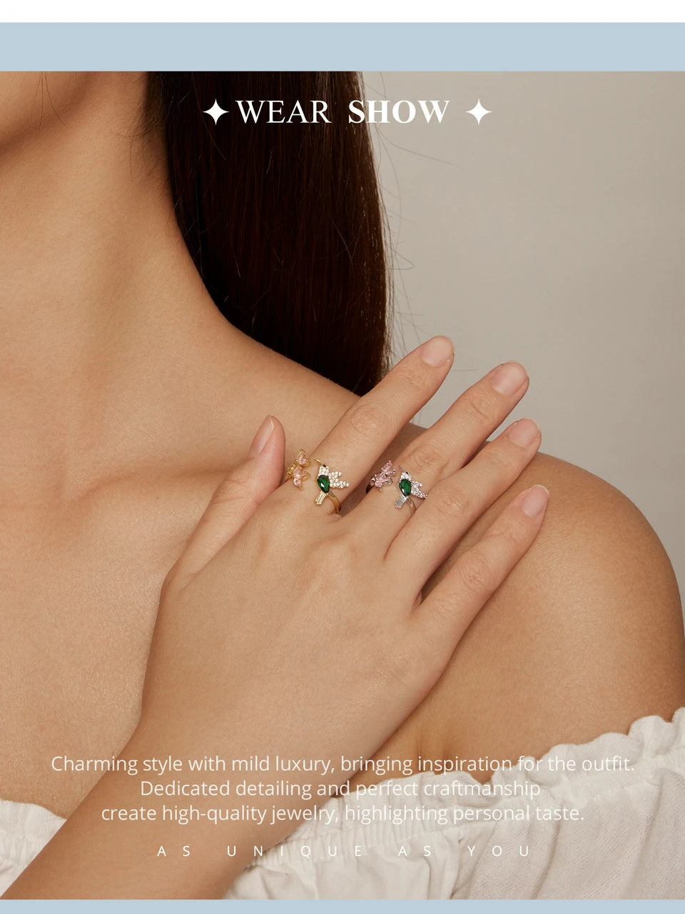 BISAER 925 Sterling Silver Floral Bird Open Ring | Adjustable White Gold Plated Flower Band for Women – Fine Party Jewelry