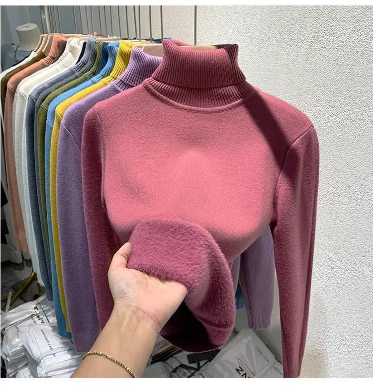 2025 Women’s High Collar Pullover Sweater – Thick Warm Soft Winter Top | Solid Color Bottoming Shirt