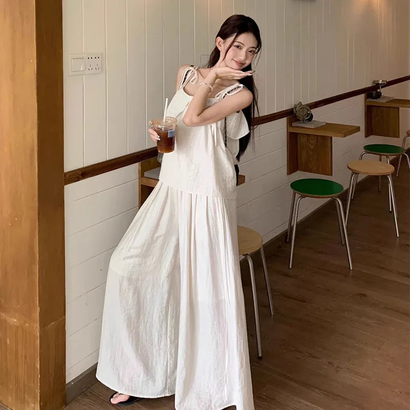 Casual Loose Women’s Two-Piece Set – White Lace Trim Strap Top & High Waist Wide-Leg Pants Summer Fashion Outfit