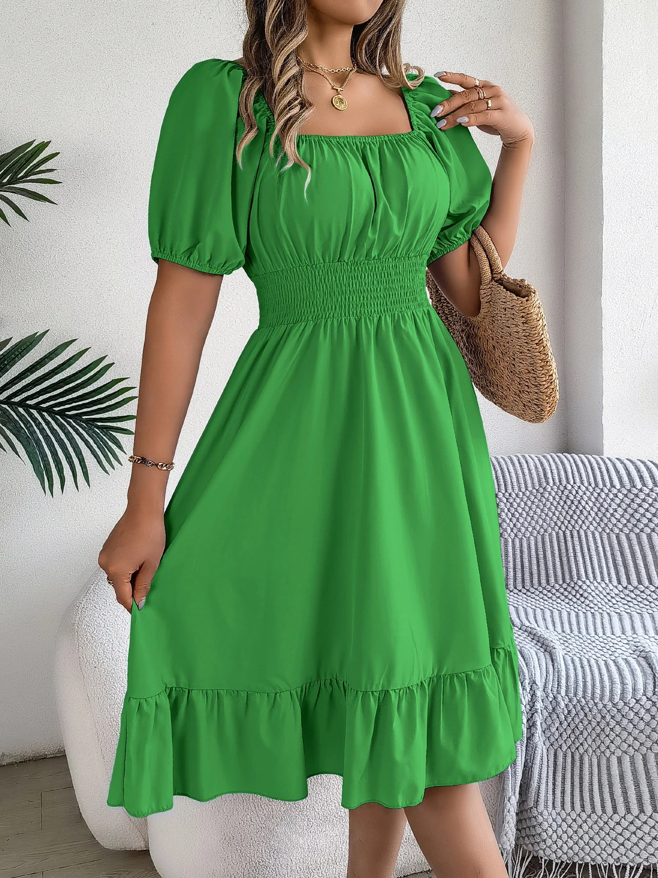 2026 Women’s Elegant High-Waisted Dress – Square Neck, Short Sleeve, Ruffled Edge Long Dress | Spring Summer Valentine’s Day