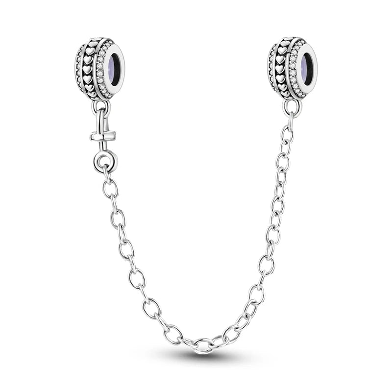 925 Sterling Silver Safety Chain & Clip Charms – CZ Pave Round Beads Fit Pandora Bracelet DIY Jewelry Making