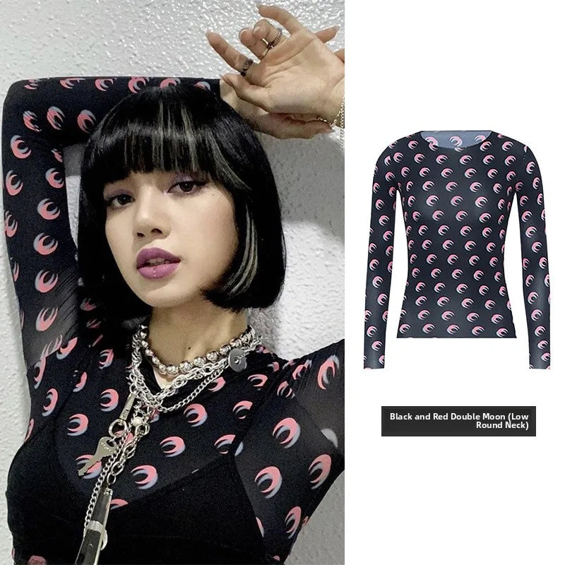 American Retro Women’s Two-Piece Set – Ice Silk Top & Pants with Moon Print Long Sleeve 🌙✨