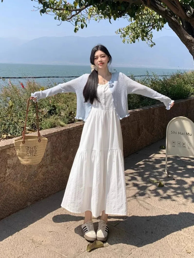 Summer 2025 Women’s Pure Cotton White Strap Dress with Long Sleeve Ice Silk Knitted Sun Protection Cardigan Set – Elegant Fashion