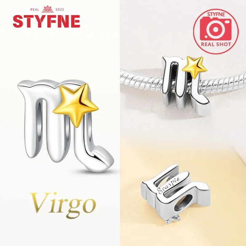 925 Silver Plated Twelve Constellations Charms Star Beads for Bracelet DIY Jewelry