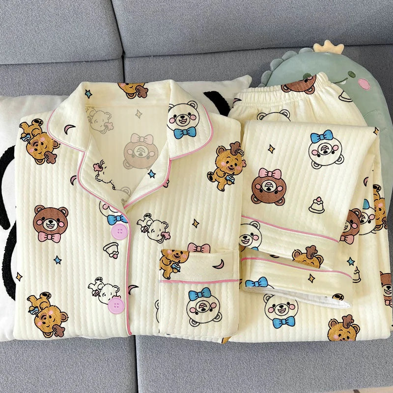 Thickened Air Cotton Women’s Loungewear Set – Lazy Bear Cartoon Long Sleeve Top & Pants 🐻❄️🛋️