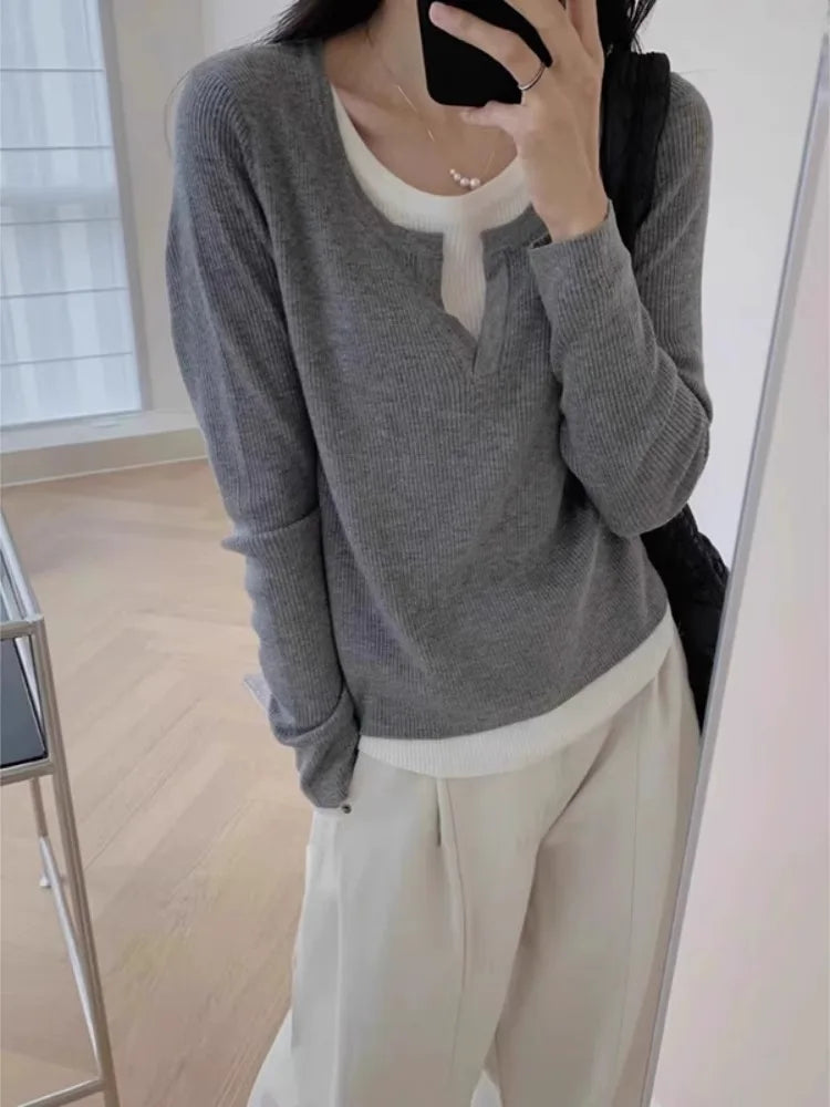 Slim Fit Geometric Knitted Long Sleeve T-Shirt – Korean Style Base Layer for Pear-Shaped Body | Autumn Wear