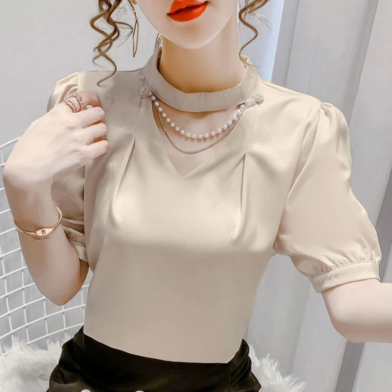 Women’s Summer Puff Sleeve O-Neck Blouse – Solid Pearl Casual Fashion Top WY0227 🌸✨