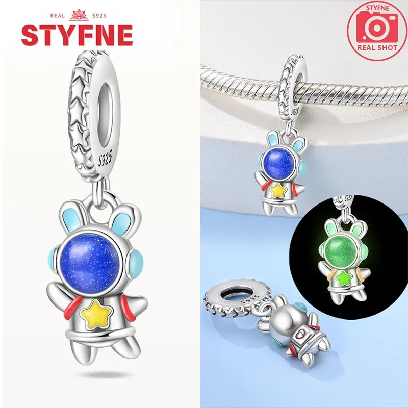 925 Sterling Silver Luminous Rabbit Astronaut Spaceship Charm – Fits Original Bracelet DIY Jewelry Gift for Women
