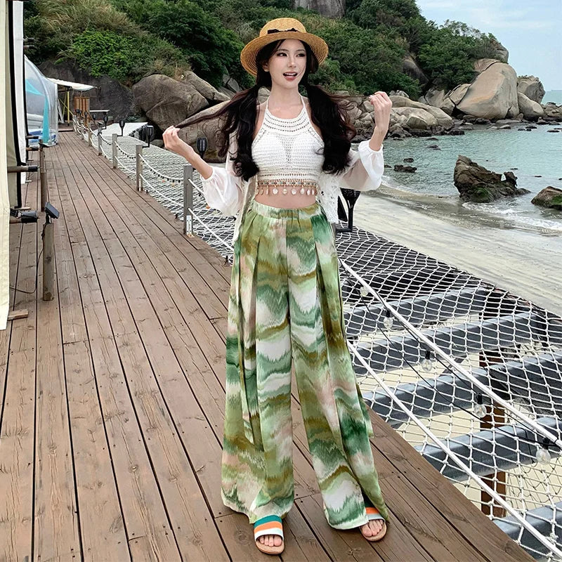 Vacation Style High Waist Wide Leg Pants – Thin Long Ethnic Print Pants for Beach & Holiday Wear