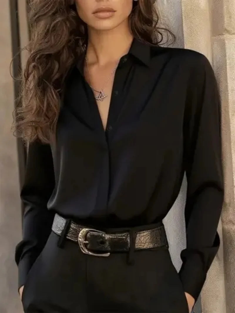 Women’s Long Sleeve Button Down Blouse – Elegant Office Chic Shirt with Classic Collar & Versatile Style ✨