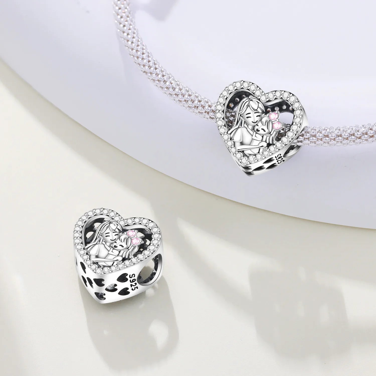 925 Sterling Silver Mother Daughter Love Embrace Pendant Charm | Heart Shaped Bracelet Bead DIY Fine Jewelry Gift