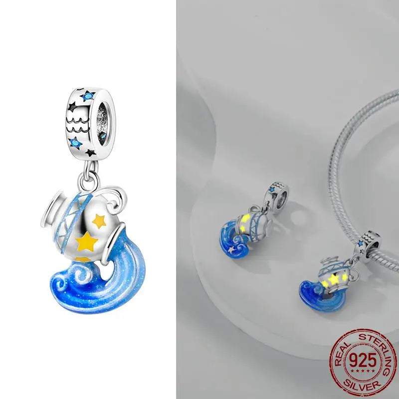 Original 925 Sterling Silver 12 Constellation Luminous Charm | Fits Pandora 3mm Bracelet DIY Jewelry Gift for Women