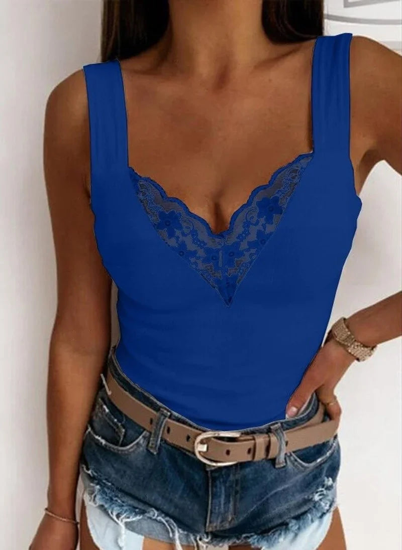Women’s Summer V-Neck Tank Top | Casual Solid Color Lace Sleeveless Slim Shirt | Sexy Slim Fit Top