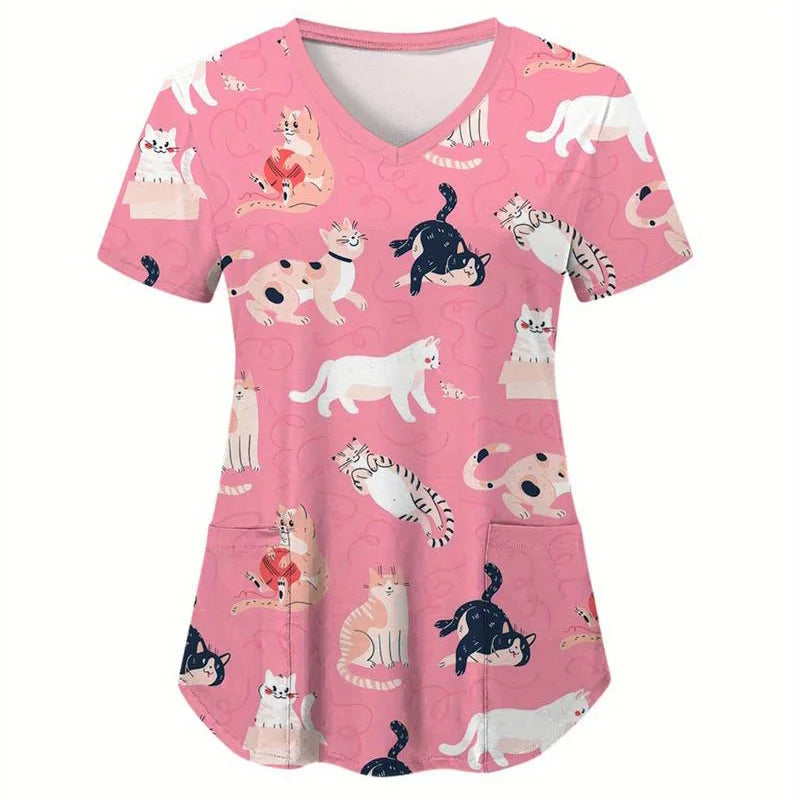 Women’s Medical Scrub Top – Cute Cartoon Print V-Neck Short Sleeve Nurse Dental Uniform 🩺🎀