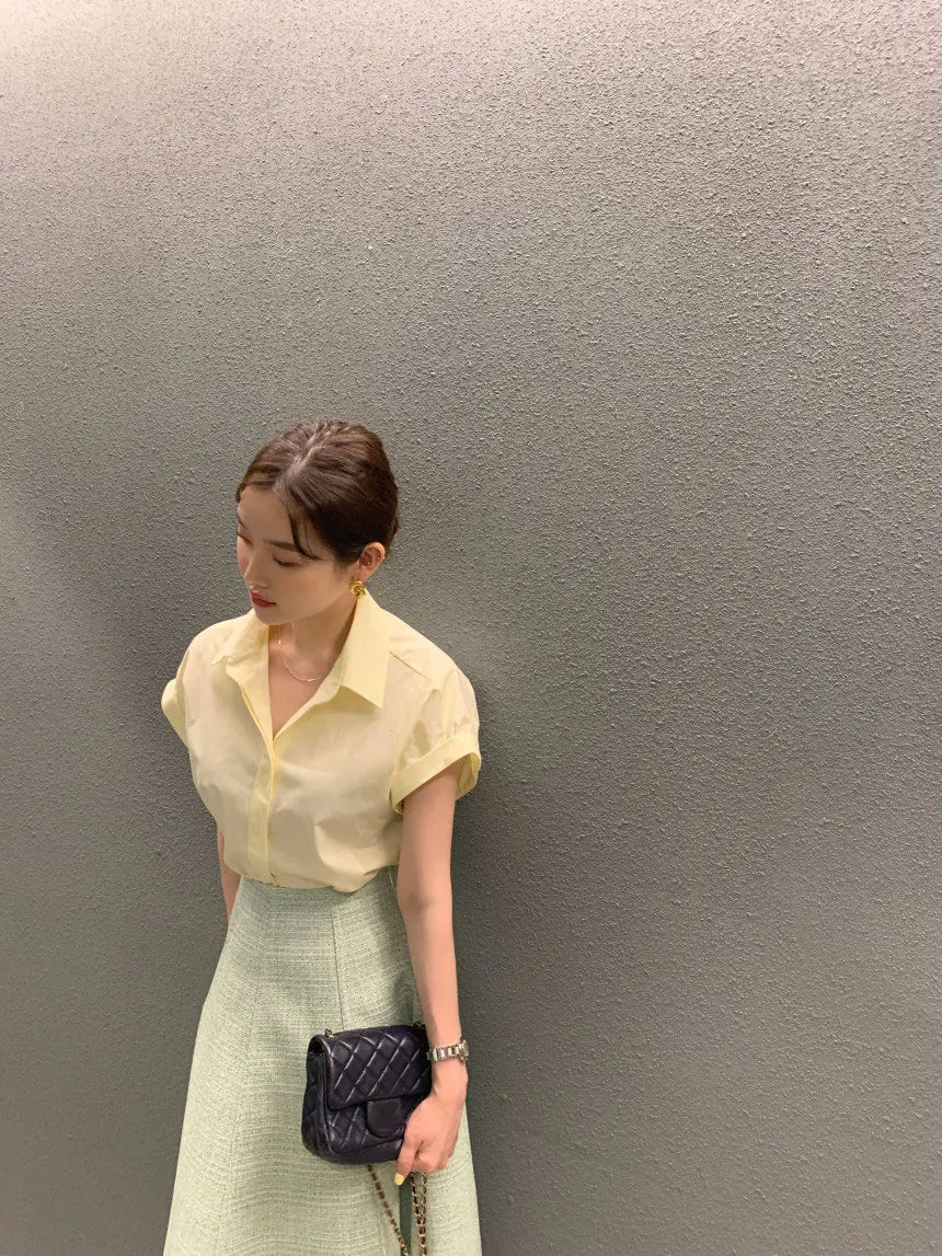 Chic Summer Loose Women’s Shirt | Classic Pure Color Professional Blouse with Small Lapel Collar