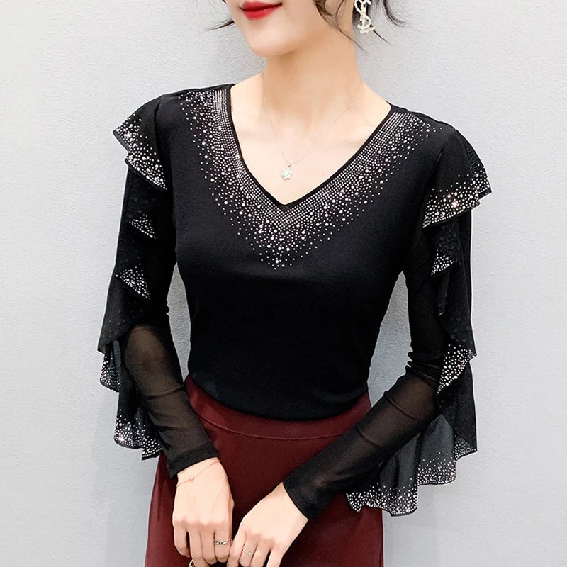 2025 Autumn Women’s Mesh Top – Korean Round Neck Ruffles & Diamond Detail Long Sleeve T-Shirt 🍂✨