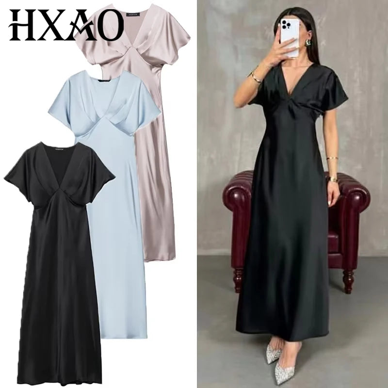 HXAO Midi Satin Dress for Women – Ruffled V-Neck Bat Sleeve Party Dress | Summer 2025 Black, Khaki, Blue Vestido