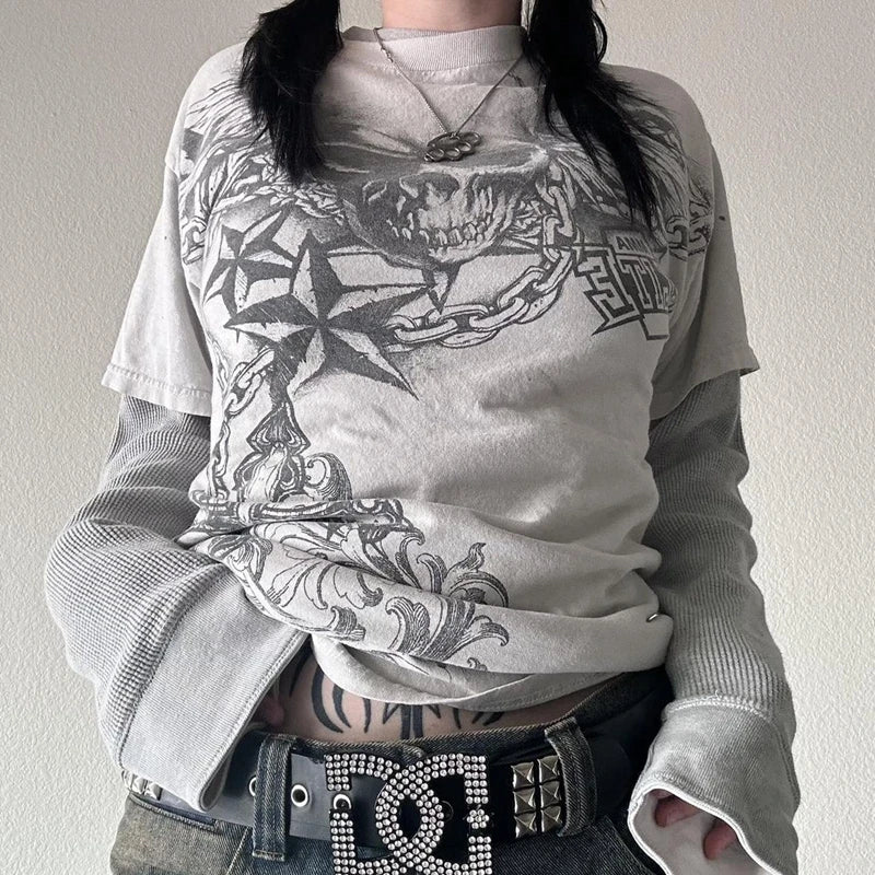Y2K Grunge Emo Vintage T-Shirt | Gothic Patchwork Long Sleeve E-Girl Cyber Goth Streetwear Top
