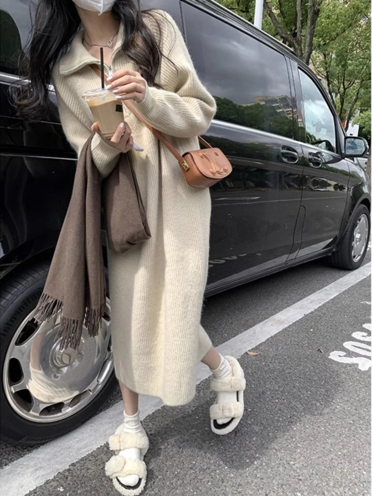 Long Sleeve Knitted Dress – Women’s Spring Autumn Loose Sweater Dress | Lazy Sleeve Inner Wear Polyester Comfy Dress