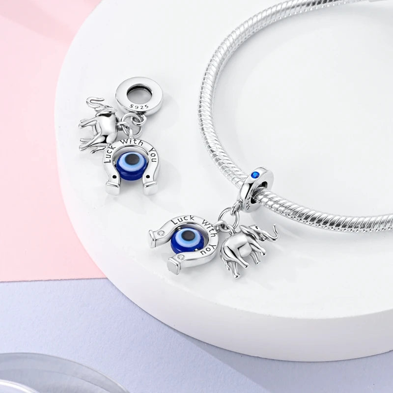 Blue 925 Sterling Silver Rotating Evil Eye Palm Moon Starry Sky Charms | Fit Original Bracelet Pendant Women Jewelry