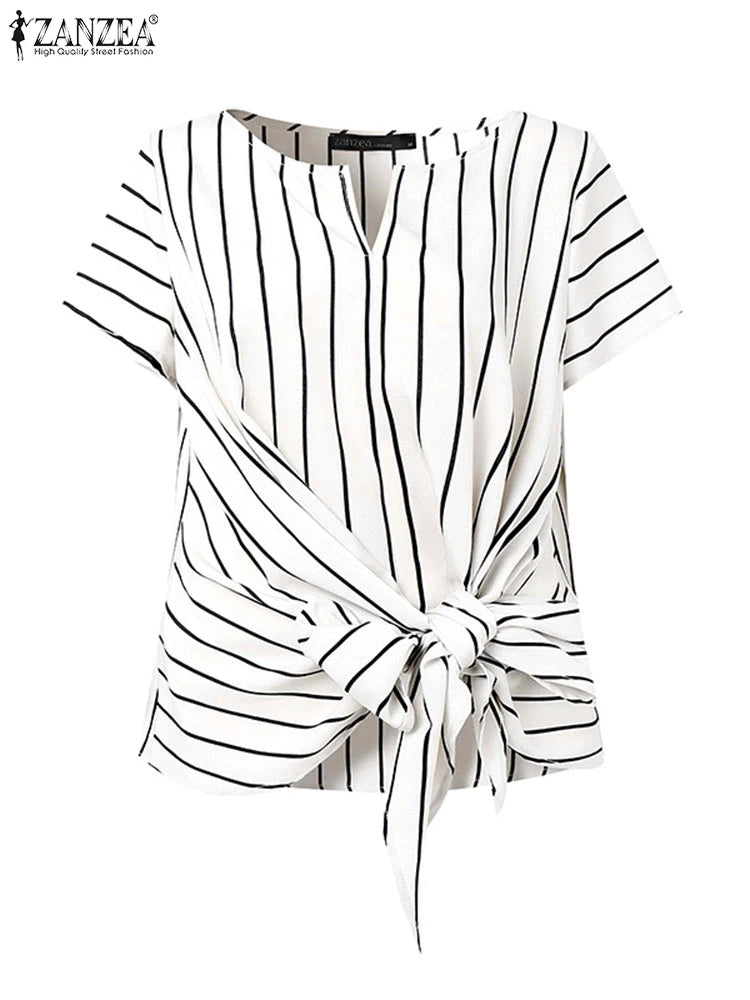 Fashion Stripe Blouse 2025 ZANZEA Women’s V-Neck Short Sleeve Summer Top – Elegant OL Work Shirt 👚✨