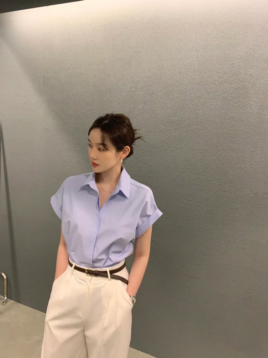 Chic Summer Loose Women’s Shirt | Classic Pure Color Professional Blouse with Small Lapel Collar