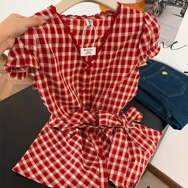 French Sweet Plaid Shirt 🌸 Women Summer Bow Tie Waist Cropped Top ✨