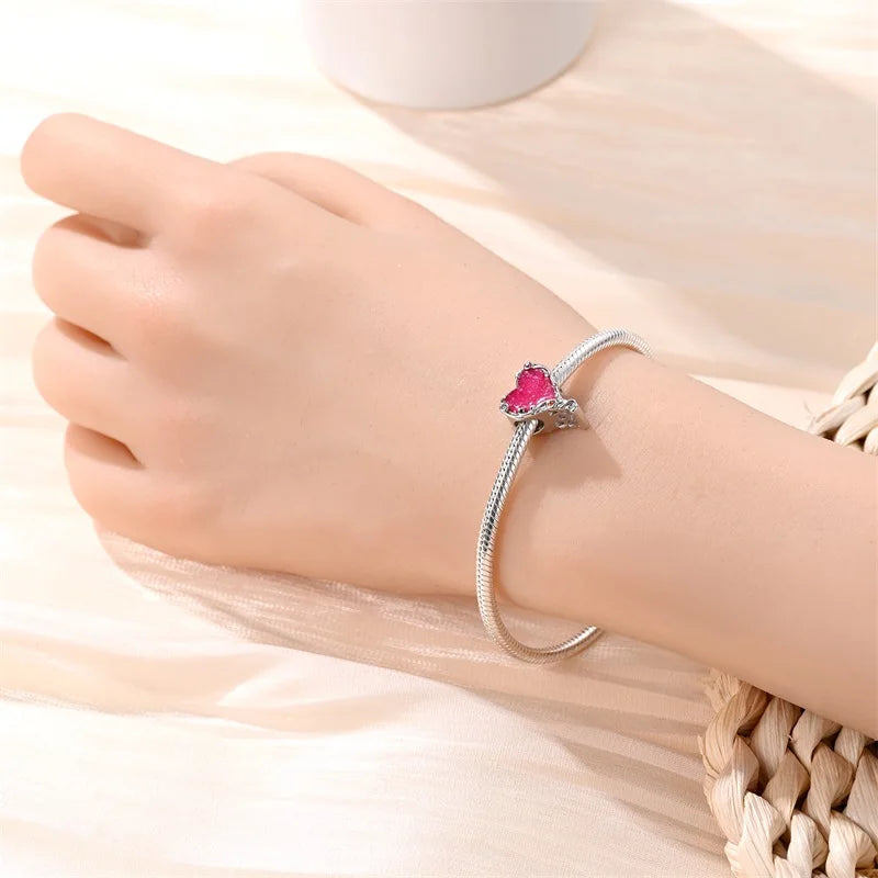 925 Silver Plated Magic Mirror Princess Angel Pink Charm Beads | Fits Original Pan 925 Bracelet | Exquisite DIY Jewelry