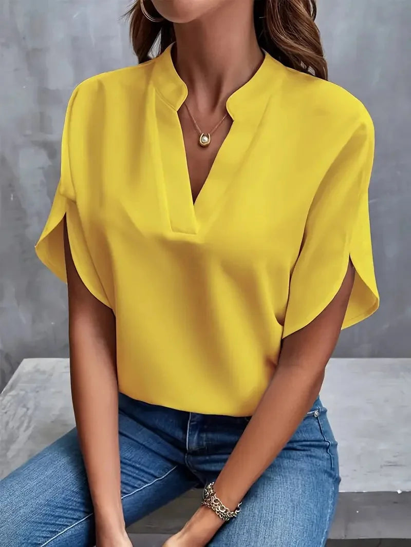 VEITCHE Summer Women Casual Solid Blouse – V-Neck Half Sleeve Office Elegant Loose Pullover Tops 🌸✨