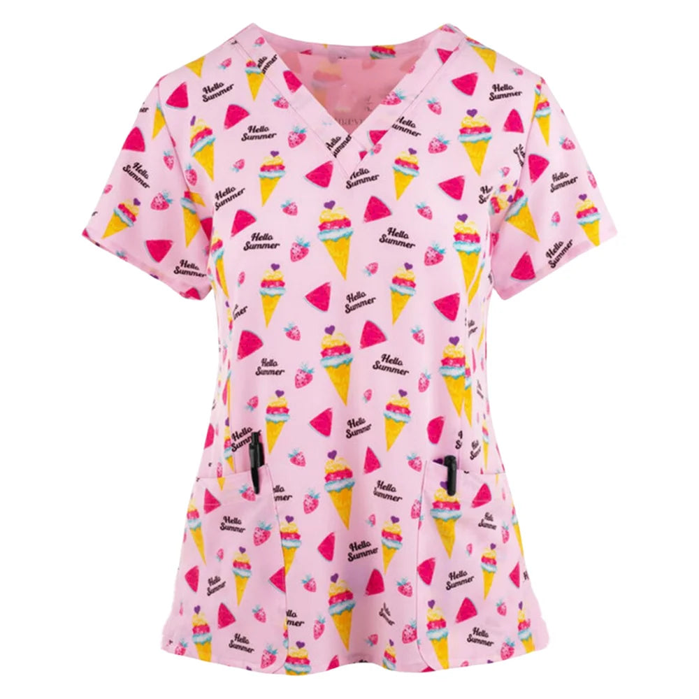 Women’s Heart Print Medical Top ❤️ V-Neck Short Sleeve Nursing Uniform ✨